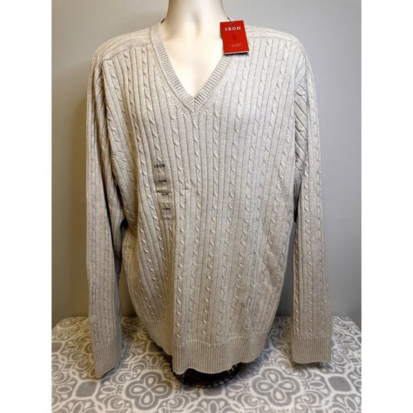 Izod 100% Cotton Beige V-Neck Cable Knit Sweater, NWT, Mens XL, $65 Retail - Picture 2 of 14